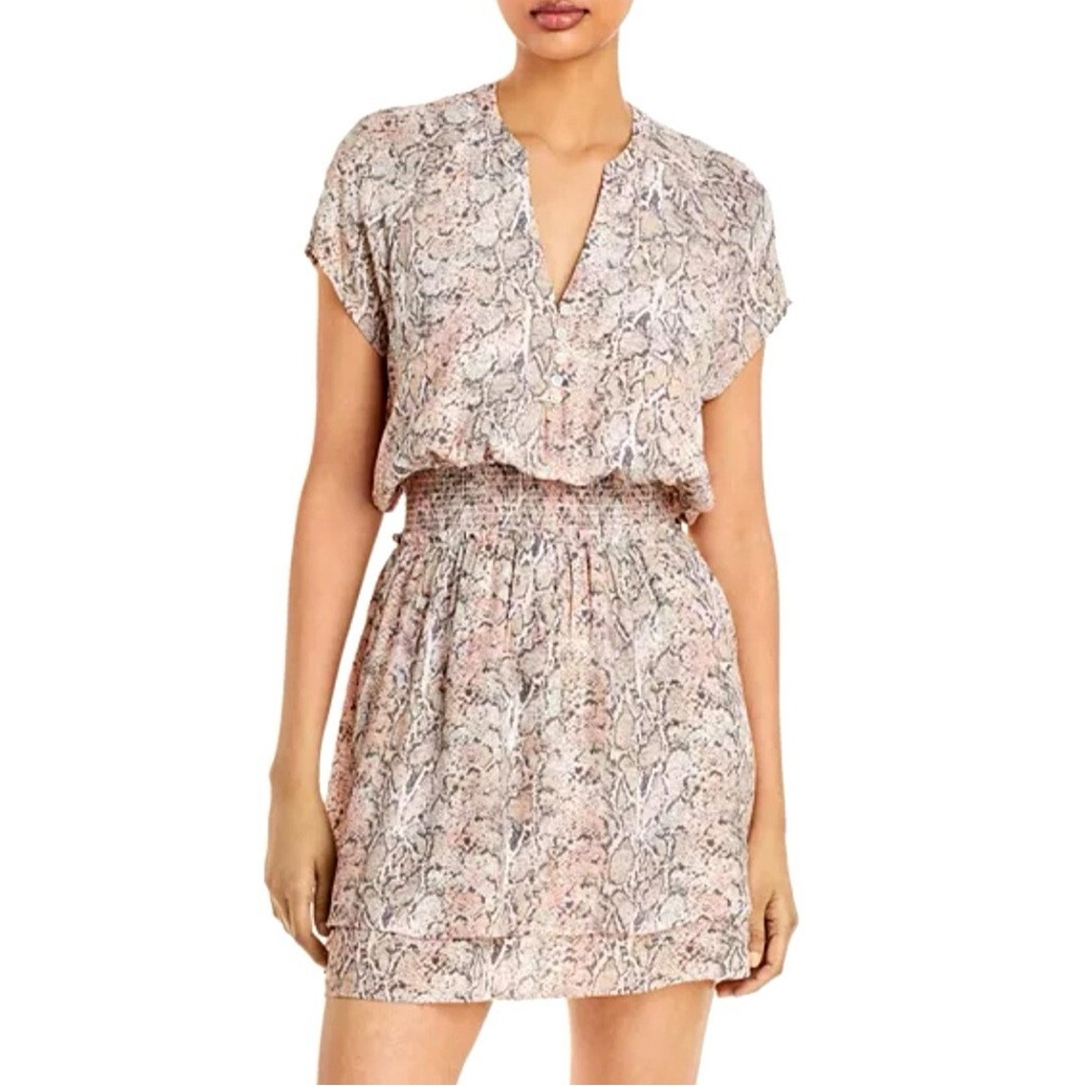 Rails Women’s Karla Smocked Mini Pink Watercolor Snake Print Dress Ruffle Boho S